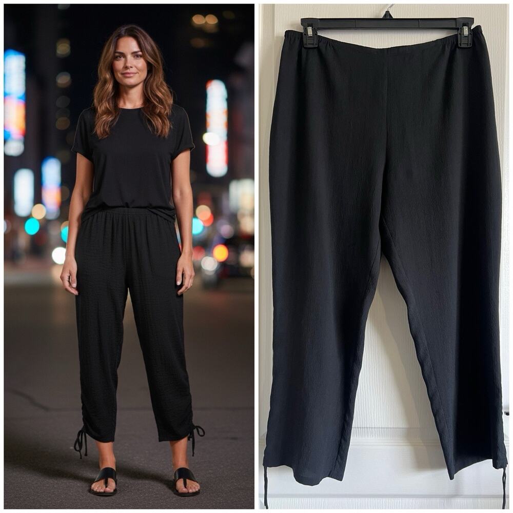 Citron Santa Monica Sz L Silk Pants Cropped Elastic Waist Black Drawstring Hem